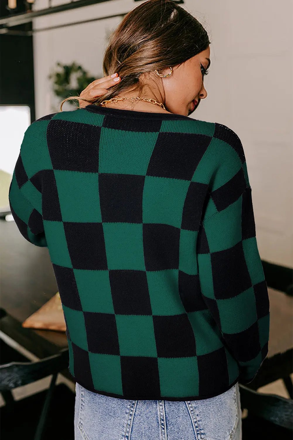 Premium Green Checked Notched Neckline Drop Shoulder Knit Sweater Dear-Lover Dropshipping